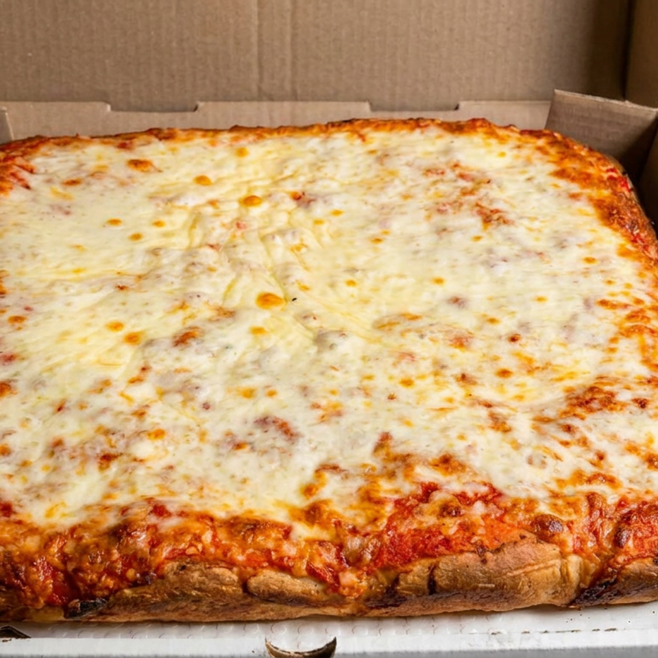Large rectangular cheese pizza with a thick golden-brown crust in an open cardboard box beside restaurant condiment trays.