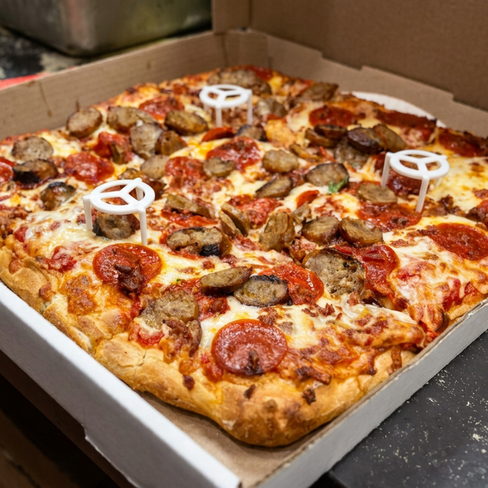 Square pepperoni and sausage pizza with mushrooms in an open cardboard box, secured by three white pizza savers.