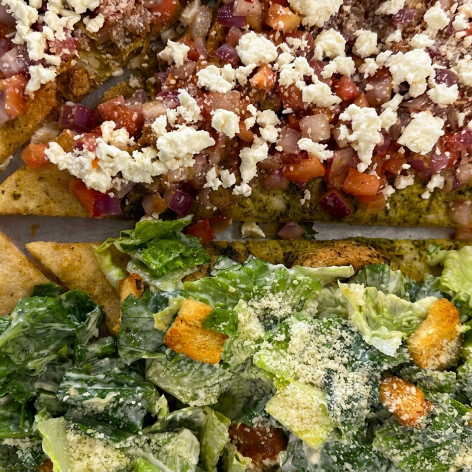 Crispy flatbread wedges topped with chopped tomatoes, onions, guacamole, crumbled cheese, and a creamy Caesar salad.
