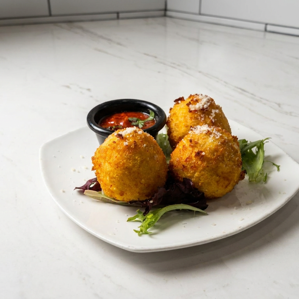 Three golden fried balls served on mixed greens with dipping sauce on a white plate.
