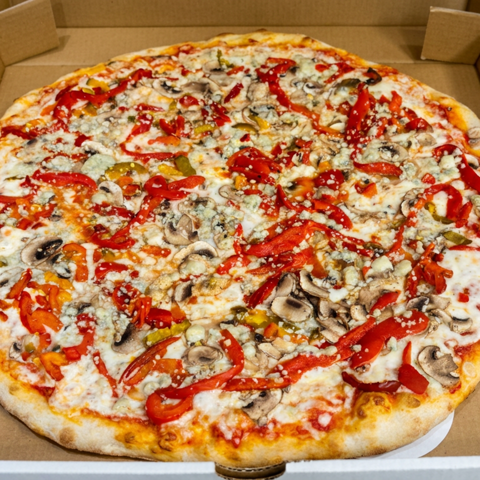 Large vegetable pizza topped with mushrooms, red peppers, olives, tomato sauce, and melted cheese in an open cardboard box.