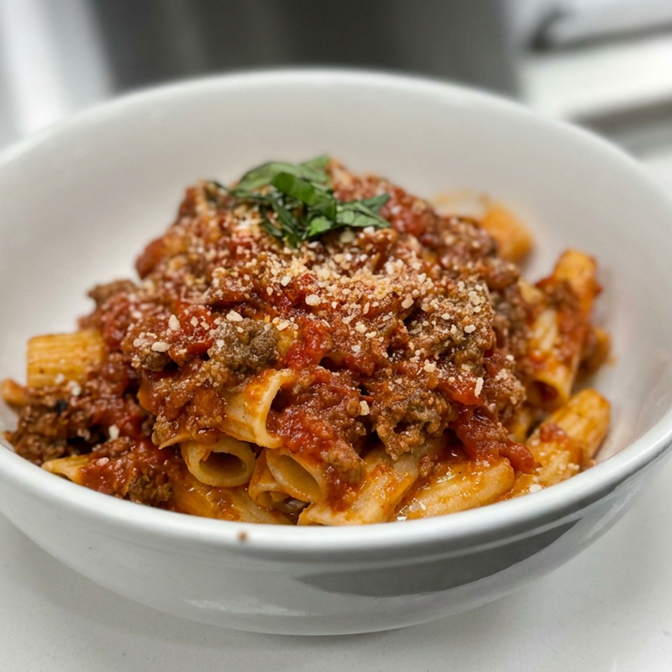 Bowl of rigatoni pasta with rich meat sauce, grated cheese, and fresh basil garnish on a white countertop.