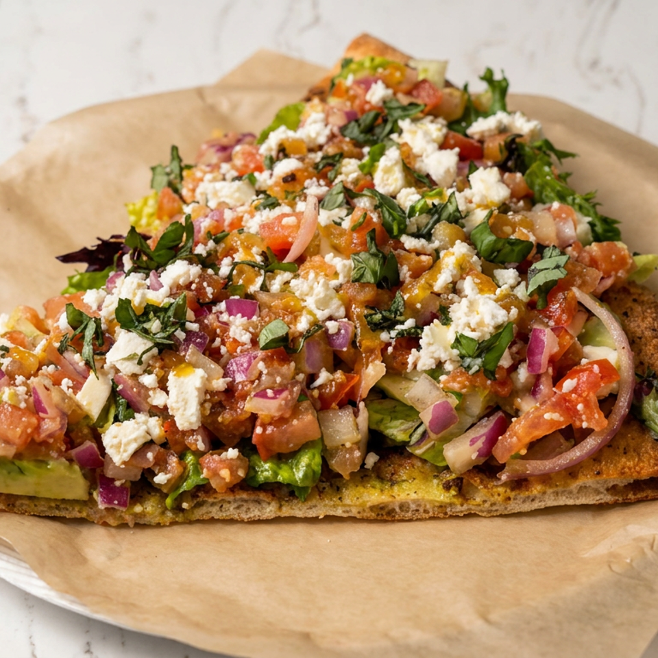 Crispy flatbread topped with chopped tomatoes, red onion, greens, herbs, avocado, and crumbled feta on parchment paper.