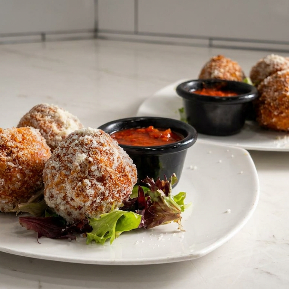 Golden fried croquettes dusted with powdered sugar, served on greens with bowls of red dipping sauce.