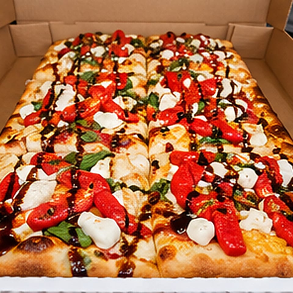 Rectangular pizza with tomatoes, basil, and cheese