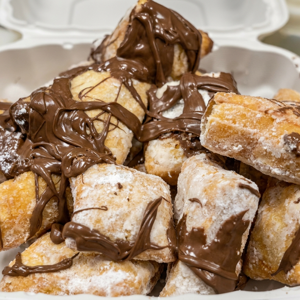 Powdered pastry pieces piled in a takeout container and drizzled generously with chocolate spread.