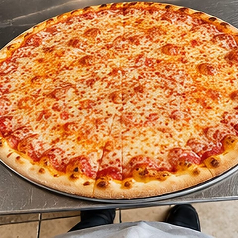 Large cheese pizza with a golden, blistered crust rests on a metal tray atop a stainless-steel counter.