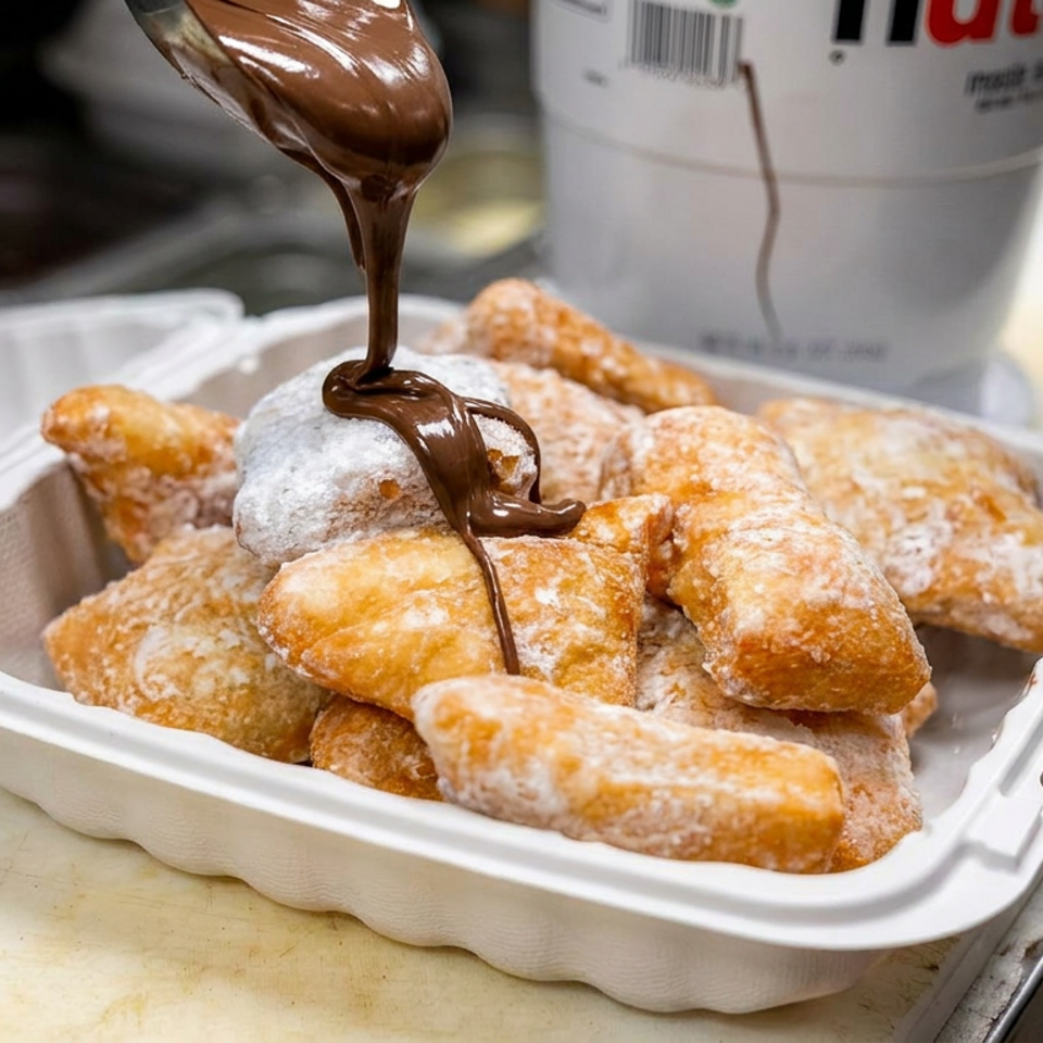 Powdered fried pastries in a takeout container are topped with warm chocolate sauce being poured from a spoon.
